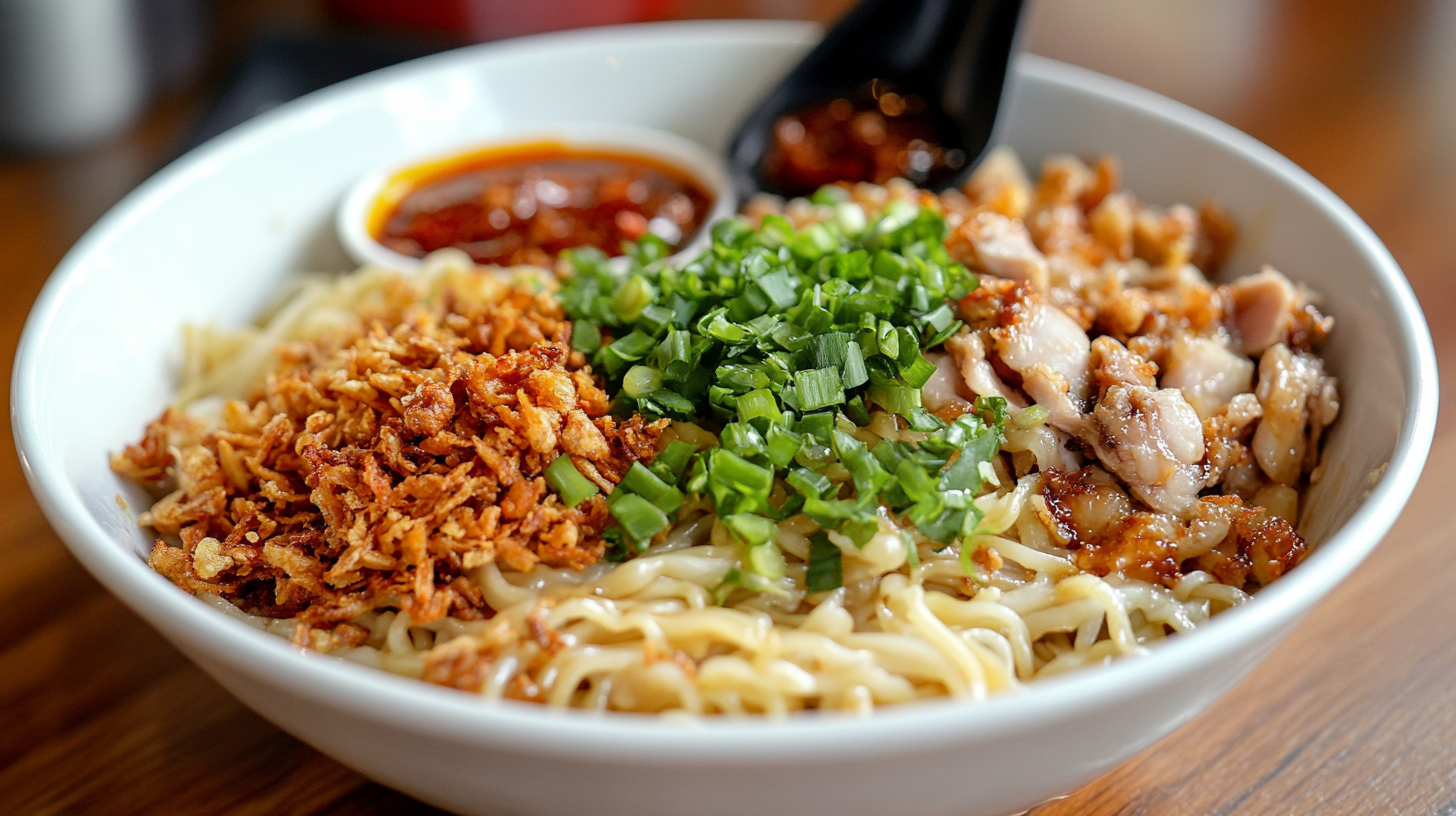 Dry Mee Pok with Crispy Shallots & Chilli Vinegar Sauce