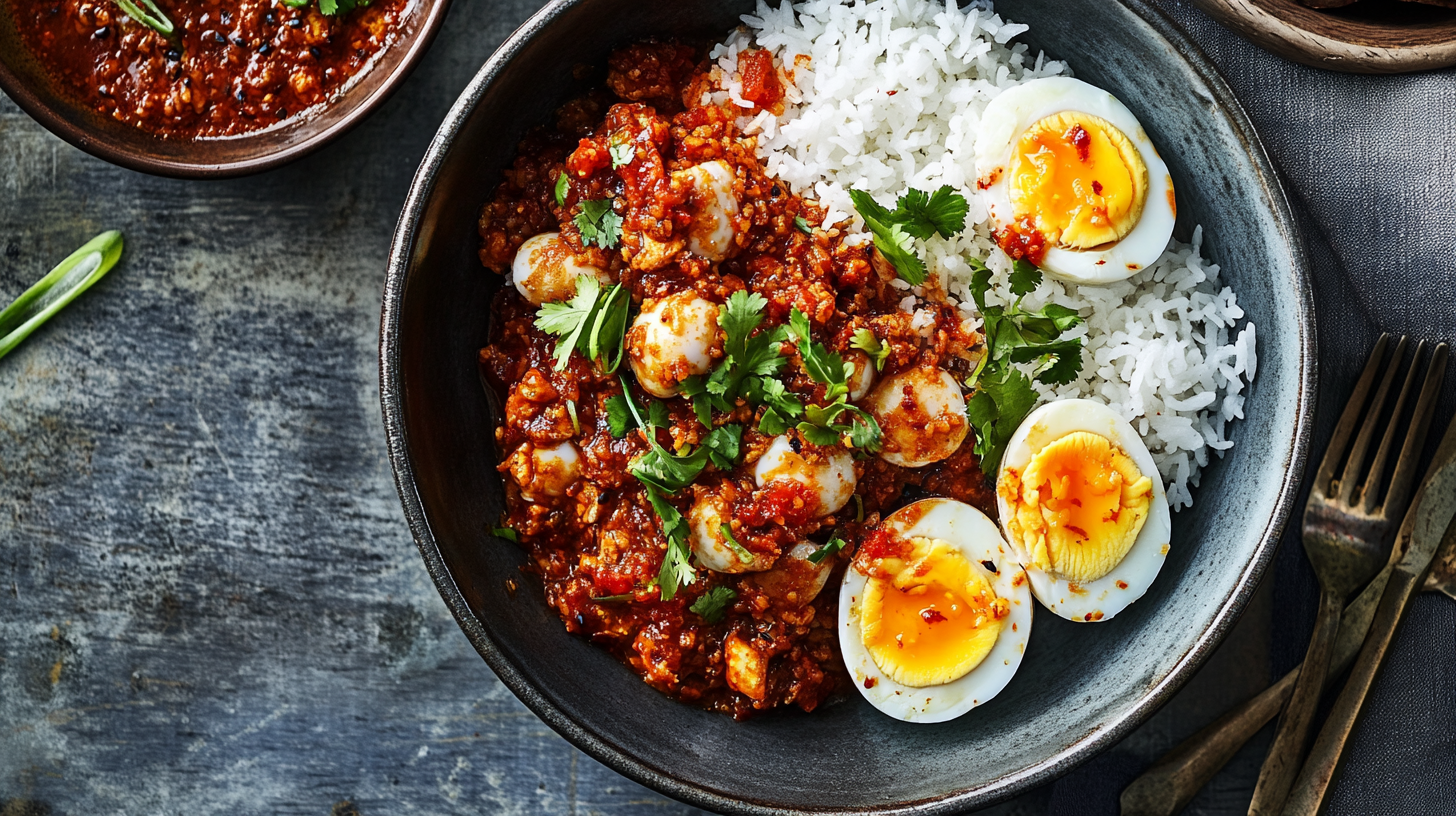 Nasi Lemak with Coconut Rice and Sambal Eggs